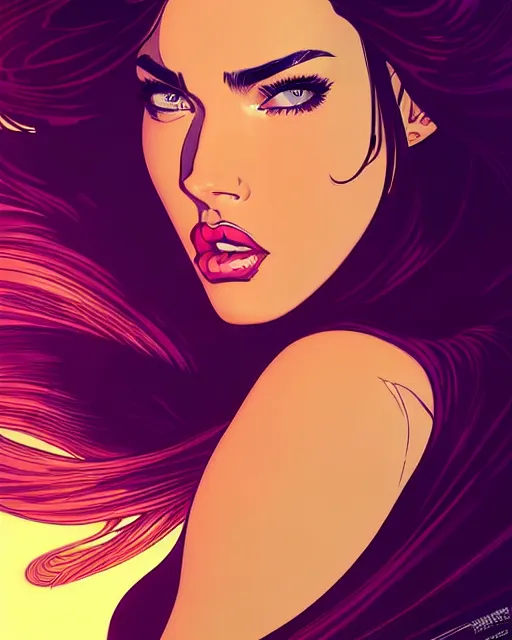 Image similar to low angle closeup beautiful very seductive megan fox retro scifi goddess pinup, action glamour pose, windblown dark hair, hyper detailed, digital art, studio lighting, smooth, ambient lighting, sharp focus, frank miller, wlop, anna dittmann, moebius!, alphonse mucha, patrick nagle!!, rim lighting, synthwave