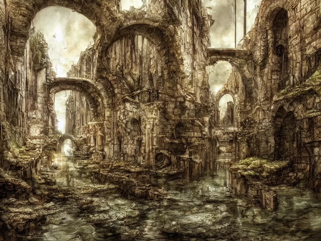 Prompt: inside the ancient flooded sewers in the old part of the city. fantasy art, layers of architecture, adventure, wet, standing water, channel, canal, boat, lamp, running water, stream, channel, musty, moss, sewage, dark, underground, abandoned spaces, torch - lit. by piranesi and bierstadt. colorized.