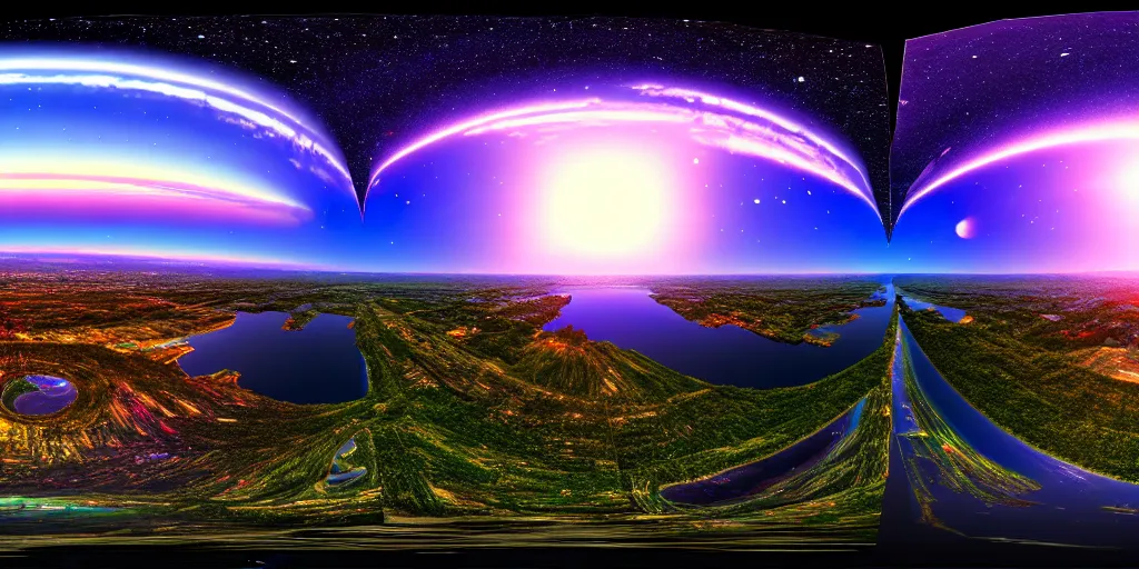 Image similar to equirectangular panorama landscape multiverse, trending on artstation, cinematic composition, beautiful lighting, hyper detailed, 8 k, oil on canvas