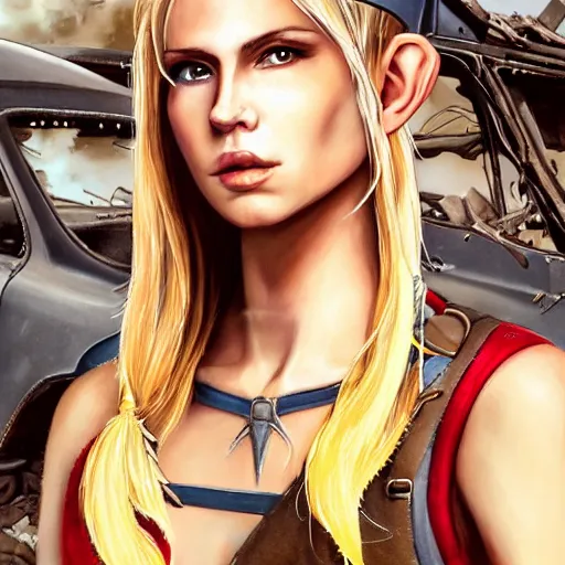 Image similar to close up headshot of a skinny female high-fantasy elf with a long face narrow chin and short spiky blonde hair wearing dark brown overalls and holding a bomb next to a destroyed car, gel spiked blond hair,narrow lips, high resolution film still, HDR color, painting by artgerm