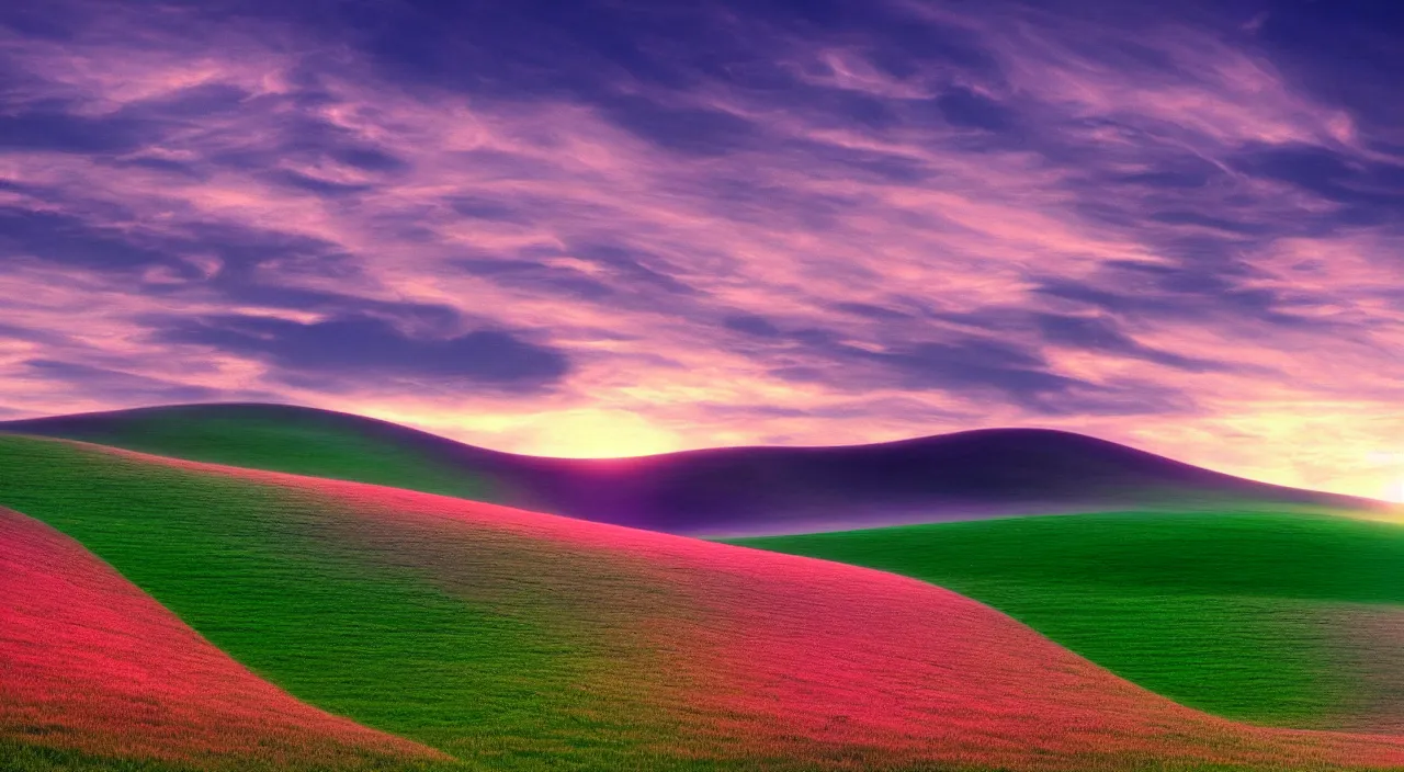 Prompt: bliss windows xp default wallpaper, the time of day is midnight