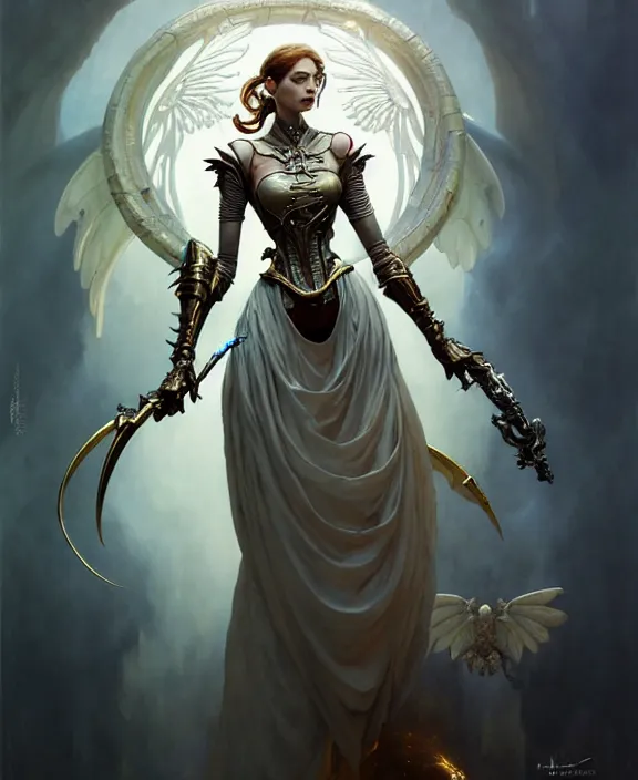 Prompt: beautiful fantasy character portrait, ana de armas, ultra realistic, wide angle, intricate details, the fifth element artifacts, highly detailed by peter mohrbacher, hajime sorayama, wayne barlowe, boris vallejo, paolo eleuteri serpieri, dishonored 2, white gown, angel wings