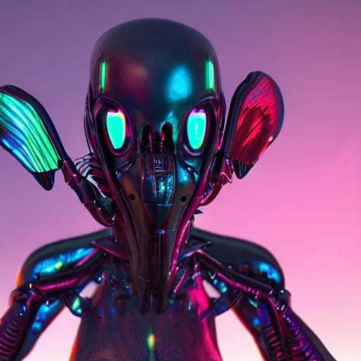 Image similar to synthwave cyborg insect alien face with wasp eyes, detailed face, sharp focus, synthwave art, aesthetic, octane render, raw, cinematic