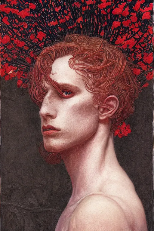 Image similar to portrait of beautiful gothic young man, thunderstorm, cyber armor, a lot of scars, more and more flowers, red head, the middle ages, highly detailed, artstation, illustration, art by jean delville, 8 k quality, art by greg gandy