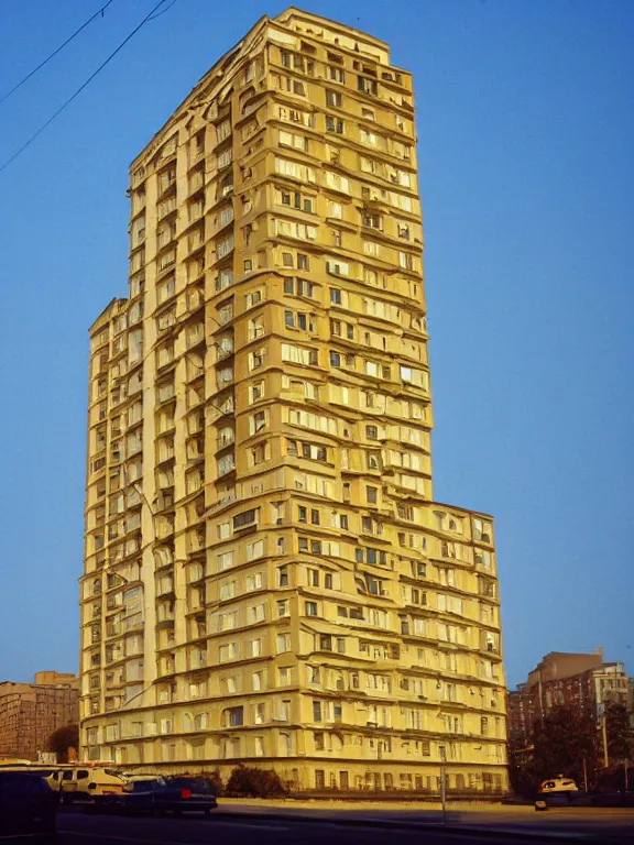 Prompt: photo of low soviet panel residential building, extreme wide shot, golden hour, kodak gold 2 0 0, side - view