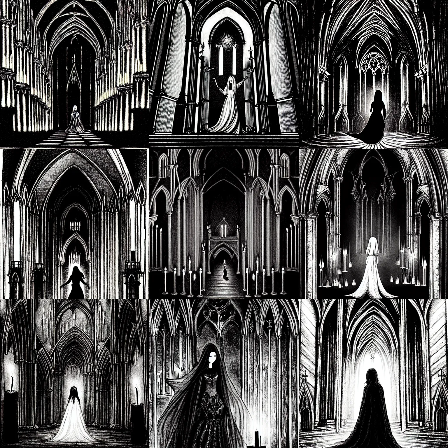 Prompt: pen and ink a beautiful gothic girl inside a dark gothic cathedral illuminated by candles, impressive scene. grainy and rough. black and white colour scheme. beautiful artistic detailed digital art