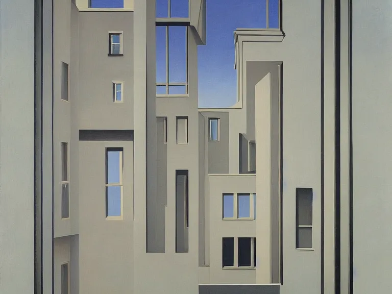 Prompt: endless buildings blending into doors painting by rene magritte, high detail, high resolution