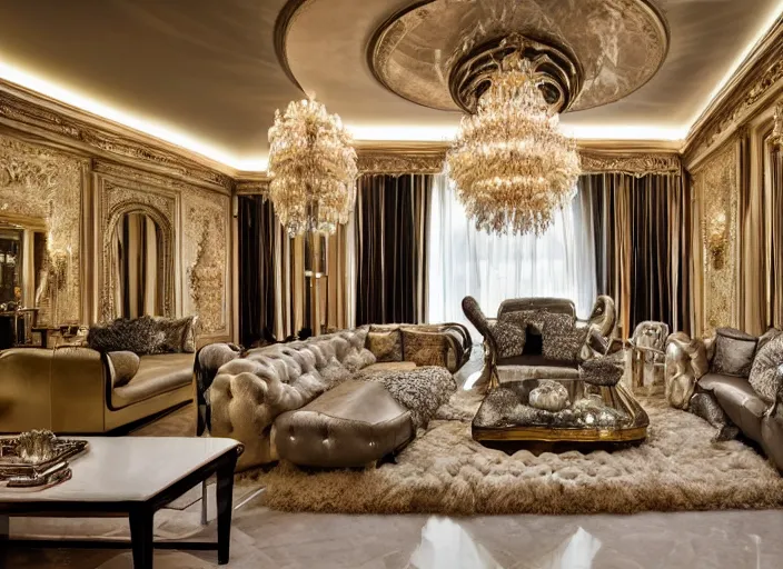 Prompt: a high end luxury living room designed by dorina costras, interior design magazine photography