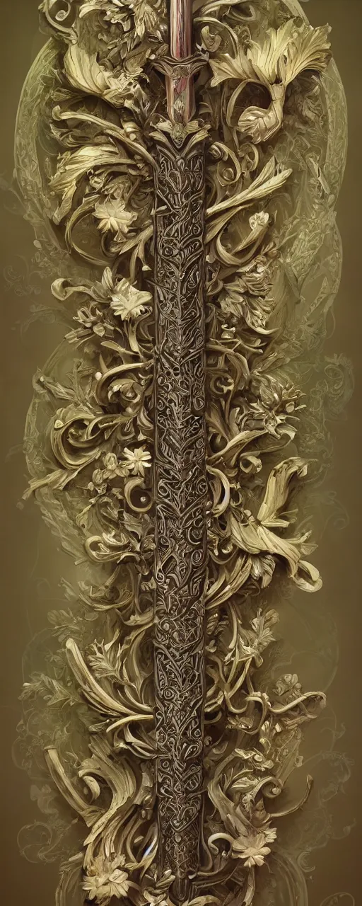 Image similar to beautiful fantasy giant sword carved with decorative ornament, acanthus scrolls, lilies, ivy, energy, geometry, bones, petals, stems, ceremonial clouds, dripping paint, fibonacci rhythm, artstation, artgerm, wlop, symmetric ornaments