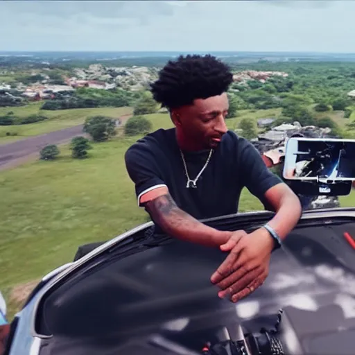 Image similar to “ drone footage of 2 1 savage committing grand theft auto with a glock, hyper realist, 4 k ”