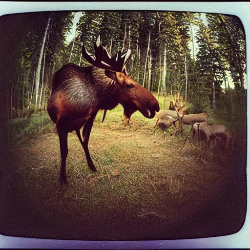 Image similar to close - up fisheye polaroid of a moose, kodachrome