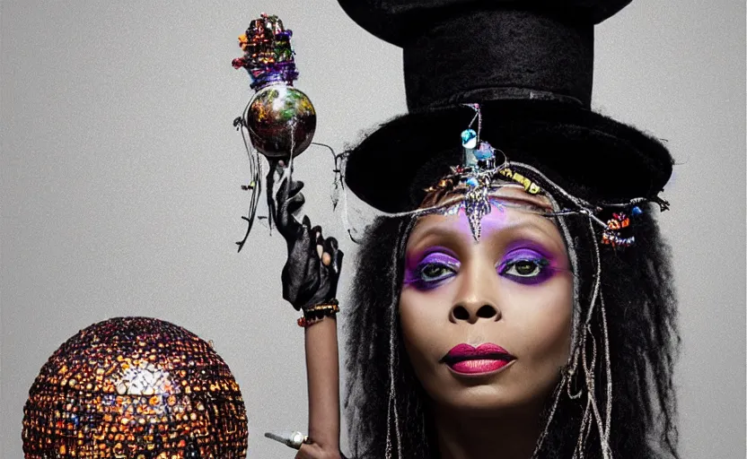 Prompt: “erykah badu as a voodoo queen wearing flowing black robes and a disco tophat holding a staff with a glowing crystal ball, by michalopoulos, by Laurie Lipton, Josip csoor, 8k resolution, realistic shadows, 3D, rendered in octane, volumetric lighting, hyper detailed, photorealistic, voodoo”