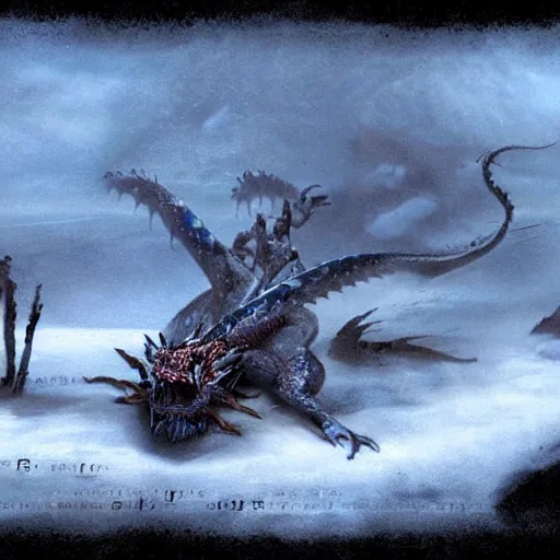 Prompt: dead blue dragon, in the snow, ethereal, matte painting, still from the movie, high fantasy,