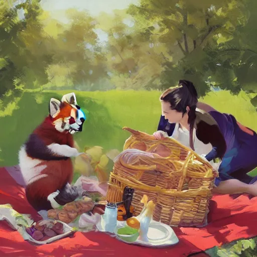 Prompt: greg manchess painting of a family of red panda characters having a picnic in the park, picnic blanket, food and drink, medium shot, asymmetrical, profile picture, organic painting, sunny day, matte painting, bold shapes, hard edges, street art, trending on artstation, by huang guangjian and gil elvgren and sachin teng