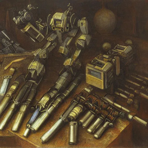 Image similar to Still life of a combat mech surrounded by its weapons, inspired by Henri Fantin-Latour