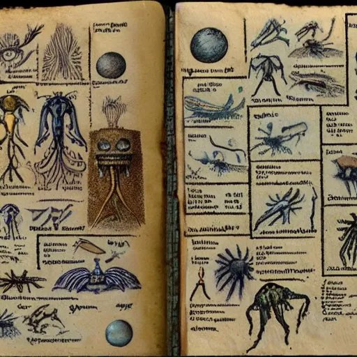 Image similar to an old journal page describing alien life forms with rich illustrations