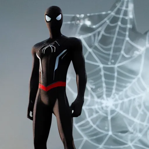 Image similar to black spider - man suit with white web lining, cinematic, volumetric lighting, realistic, hyperdetailed, photorealistic, photograph