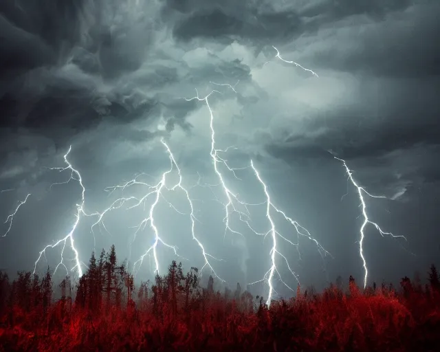Prompt: a dark dead forest with a storm with red lightning striking, by bekinski, trending on artstation, 4 k