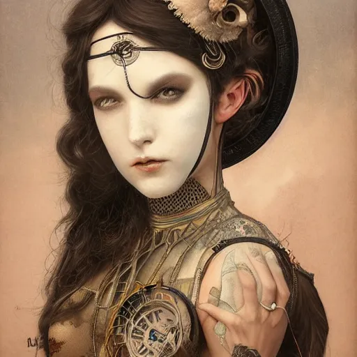 Image similar to tom bagshaw, soft painting of a curiosities carnival steampunk, blessing, porcelain beautiful young tight mask in tight top bottom dress, perfectly detailed, symmetrical accurate intricate sensual features, highly detailed, artstation, sharp focus