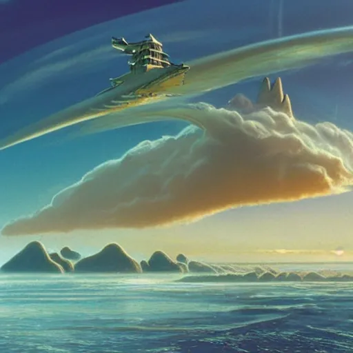 Image similar to beautiful matte painting of golden shores of a blue dreamy ocean, heavenly island in the clouds floating above the ocean, spaceship flying by, towering mountains emerging from the ocean, entrance to a city, sci - fi, daylight, blue sky, cinematic lighting, cinematic perspective, syd mead, john harris, federico pelat