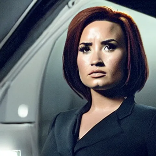 Image similar to close-up of Demi Lovato as Dana Scully with black hair in an X-Files movie directed by Christopher Nolan, movie still frame, promotional image, imax 35 mm footage