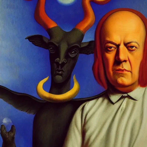 Image similar to Aleister Crowley with baphomet, by Raphael Hopper, and Rene Magritte. Highly detailed, romantic, enchanting, magical, trending on artstationHQ