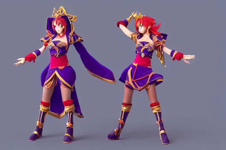 Image similar to character Lina Inverse from anime Slayers (1995 – 2009), Lina from game Dota 2, rendered in Cinema 4D and Octane and Unreal Engine 5, hyperrealism, full body photogenic shot, digital render, cinematic lighting ornate earrings, 8k resolution, masterpiece work