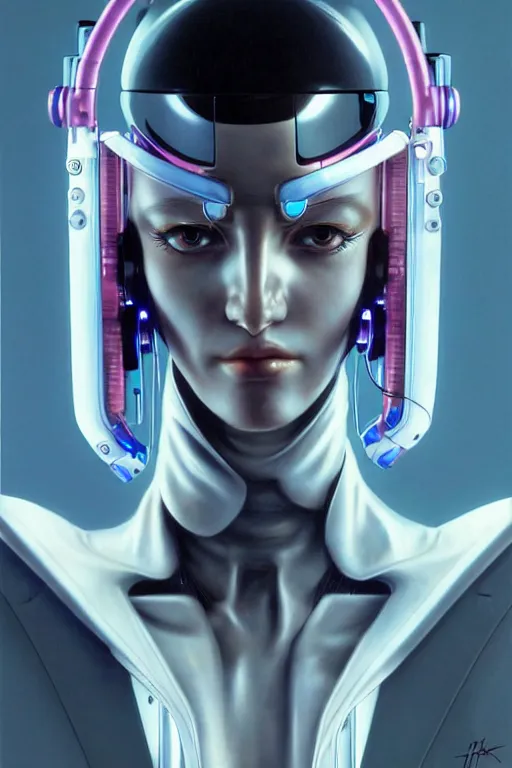 Image similar to a portrait of a cyberpunk Gynoid by Hajime Sorayama, highly detailed, trending on artstation