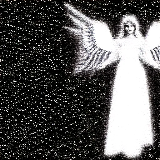 Image similar to vhs static overlay of angel apparition, vhs, 1 9 9 0, highly realistic, highly detailed, vhs noise static, black and white, vhs glitch