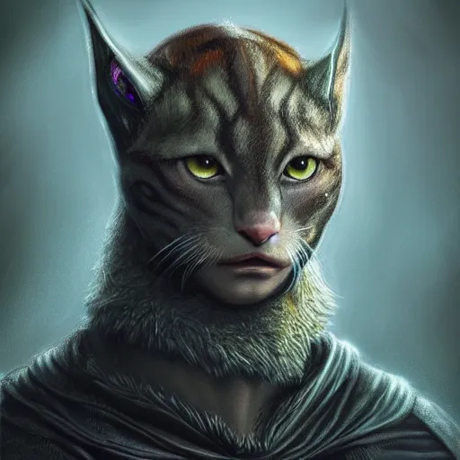 Image similar to photorealistic khajit from skyrim in the style of michael whelan and gustave dore. hyperdetailed photorealism, 1 0 8 megapixels, fully clothed, lunar themed attire, amazing depth, glowing rich colors, powerful imagery, psychedelic overtones, 3 d finalrender, 3 d shading, cinematic lighting, face portrait, artstation concept art