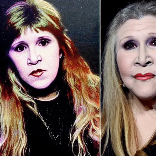Image similar to carrie fisher and stevie nicks are the same person, perfect portrait demonstrating the hybrid of the two people as one person, painting