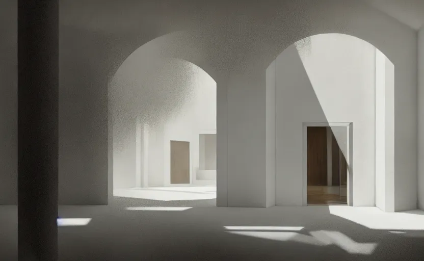 Prompt: painting of a white architecture by peter zumthor painted by greg ruthkowski and craig mullins, cinematic and atmospheric lighting, archviz, archdaily, vray, render