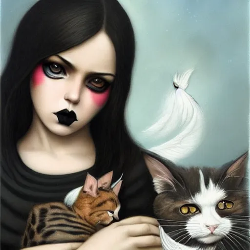 Prompt: a painting of an emo mexican woman holding a cat, a photorealistic painting by tom bagshaw and ( ( ( mark ryden ) ) ), trending on deviantart, gothic art, ilya kuvshinov, goth, storybook illustration