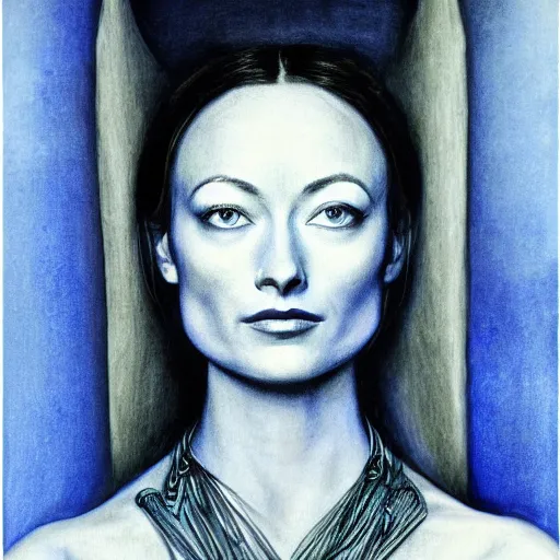 Image similar to Olivia Wilde, pencil drawing. El Greco, Remedios Varo, Salvador Dali, Carl Gustav Carus, John Atkinson Grimshaw. Blue tint. Symetrical, logo, geometric shapes.