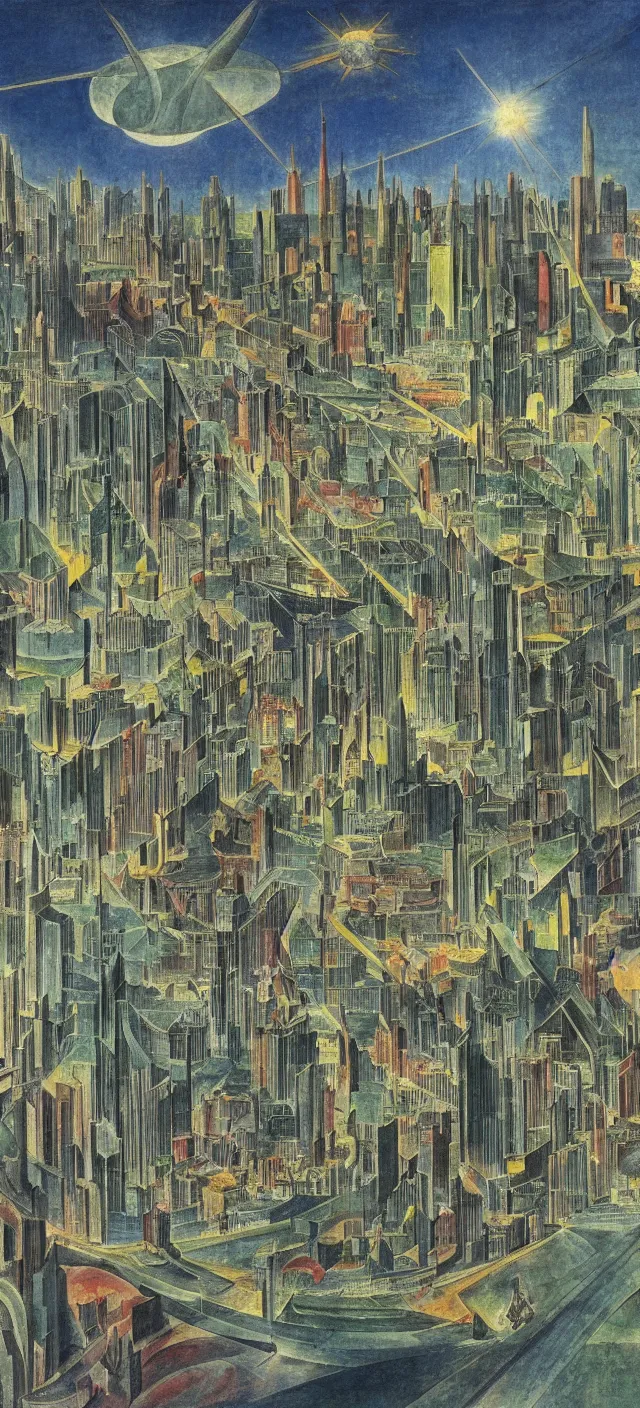 Prompt: a futuristic cityscape by william blake, colorful, wide greenways, half sky half city