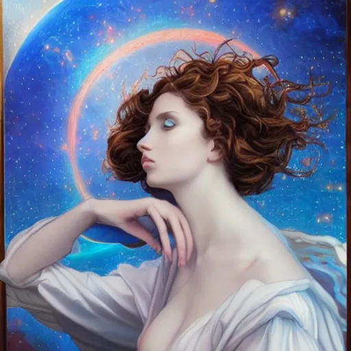 Prompt: amouranth as a tempting celestial by james jean, rule of thirds, seductive look, beautiful, in intergalactic hq