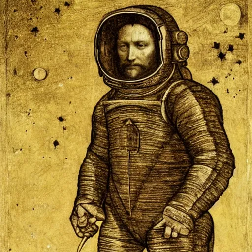 Image similar to self portrait of leonardo da vinci wearing a spacesuit on the moon