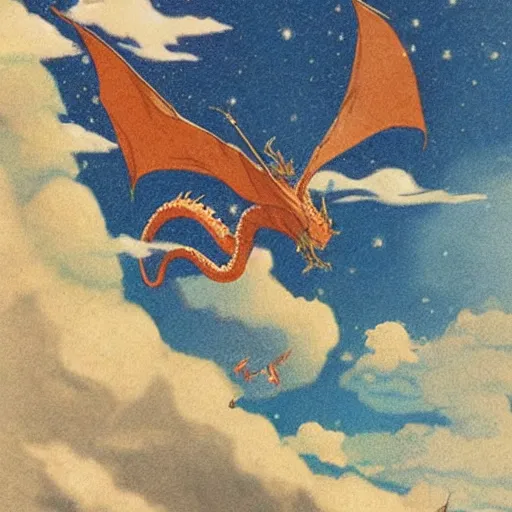 Image similar to beautiful dragon in the sky ,by Studio ghibli, concept art, golden ratio