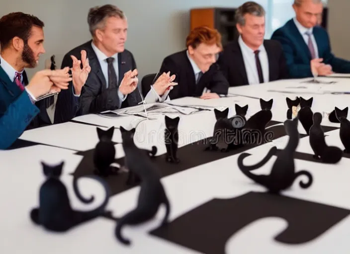 Image similar to photo of a cats board meeting of cats in suits. Highly detailed 8k. Intricate. Sony a7r iv 55mm. Stock photo.