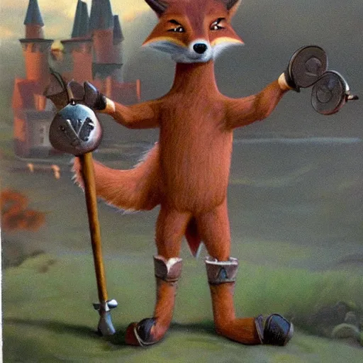 Prompt: anthropomorphic fox!! who is a medieval knight holding a swo - rd towar - ds a stormy thundercloud [ 1 9 3 0 s film still ], ( castle in the background )