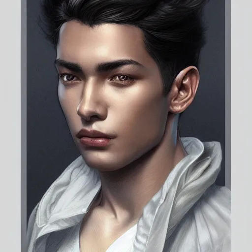 Image similar to ultra realistic illustration, young man with dark gray skin, short white hair, intricate, elegant, highly detailed, digital painting, artstation, concept art, smooth, sharp focus, illustration, art by artgerm and greg rutkowski and alphonse mucha