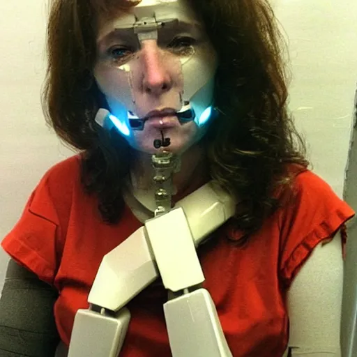 Prompt: grainy photo of an ugly woman, wearing bionic implants, cyborg!! criminal!!, (((((high tech, circuit boards)))))