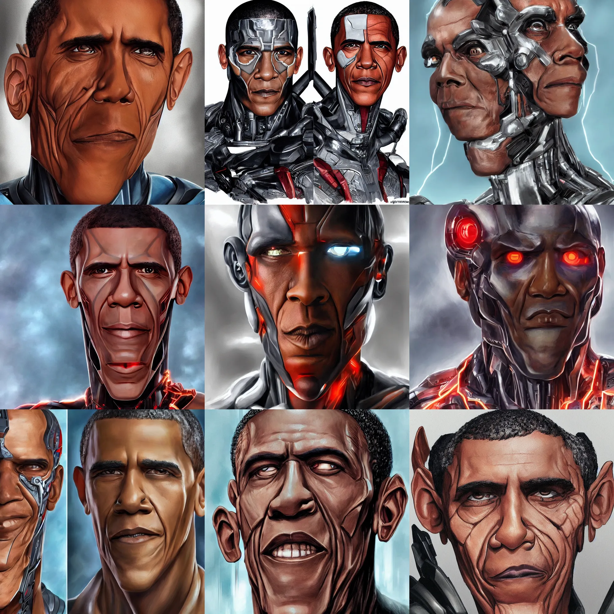 Prompt: cyborg obama face portrait, extremely detailed, justice league concept art
