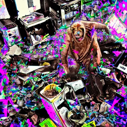 Image similar to a photograph datamoshing moshpit trader trash, weird, argentic, dust and scratches, by Jon Rafman