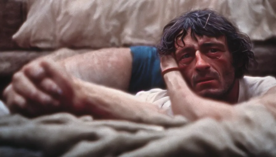 Image similar to 1 9 7 0 s movie still of jean - paul marat, cinestill 8 0 0 t 3 5 mm, high quality, heavy grain, high detail, panoramic, cinematic composition, dramatic light, ultra wide lens, anamorphic