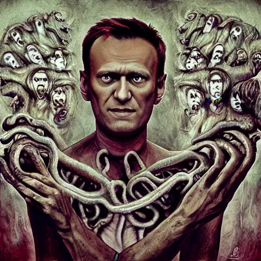 Prompt: navalny became cringe ugly lovecraftian degenerate abomination, photo - realistic, color image, 2 k, highly detailed, bodyhorror, occult art