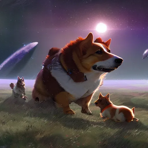 Prompt: Corgis in no man's sky digital art in the style of Greg Rutkowski and Craig Mullins, 4k