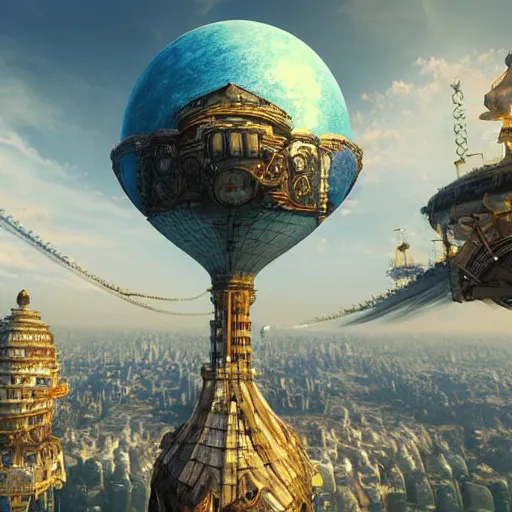 Image similar to enormous flying city in a gigantic faberge egg, sky, steampunk, floating islands, fantasy art, unreal engine,