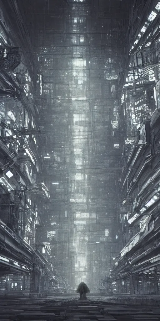 Image similar to lonely stranger inside a hall of monumental cyberpunk industrial factory megacomplex; by tsutomi nihei; hyperrealistic, 4K wallpaper, highly detailed