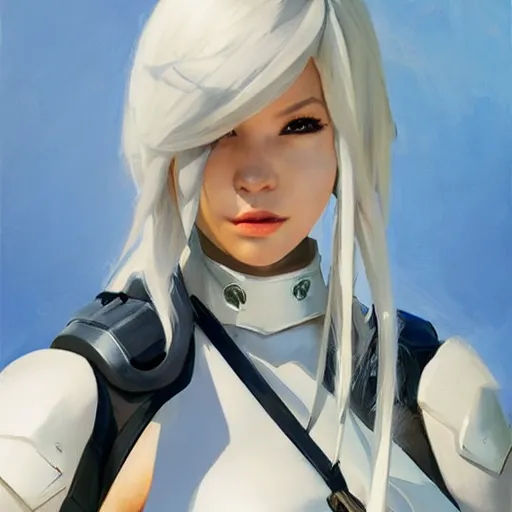 Image similar to greg manchess portrait painting of a 2 yorha type a no. 2 as overwatch character, white long hair, organic painting, sunny day, matte painting, bold shapes, hard edges, street art, trending on artstation, by huang guangjian and gil elvgren and sachin teng